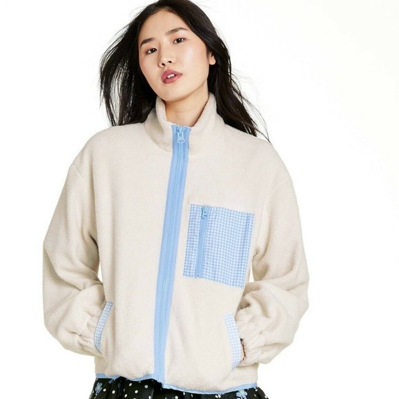 Sandy Liang Jackets & Blazers - Sandy Liang for Target Cream Sherpa & Baby Blue Gingham Pocket Jacket